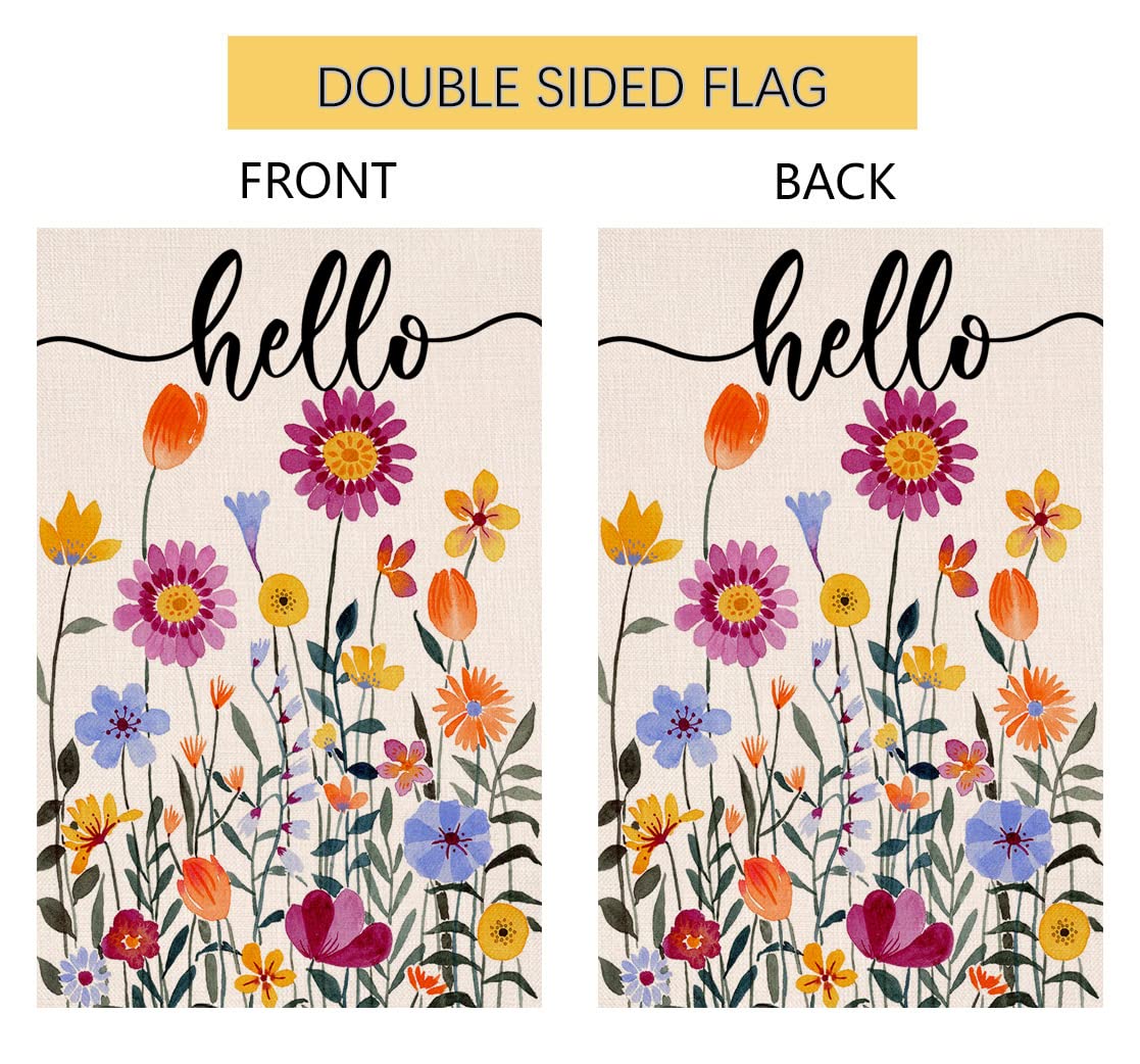 Hello Spring Floral Garden Flag 12x18 Vertical Double Sided Colorful Flowers Summer Farmhouse Holiday Outside Decorations Burlap Yard Flag BW257