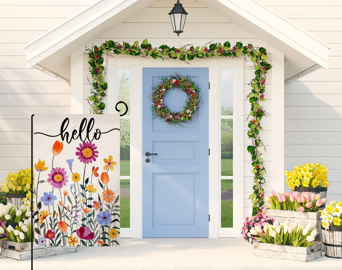 Hello Spring Floral Garden Flag 12x18 Vertical Double Sided Colorful Flowers Summer Farmhouse Holiday Outside Decorations Burlap Yard Flag BW257