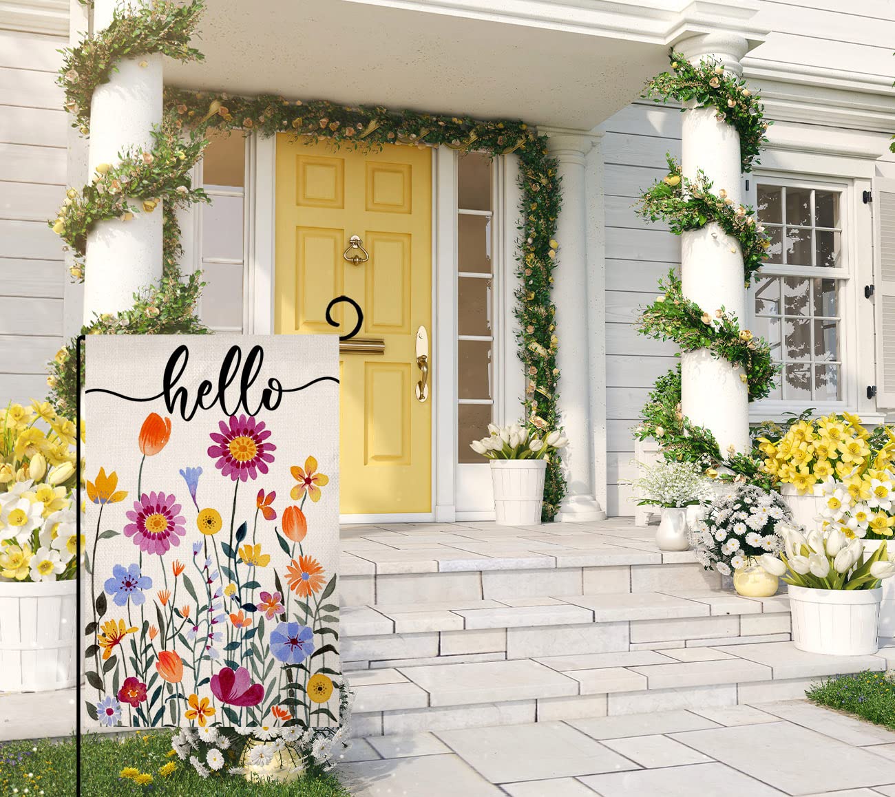 Hello Spring Floral Garden Flag 12x18 Vertical Double Sided Colorful Flowers Summer Farmhouse Holiday Outside Decorations Burlap Yard Flag BW257